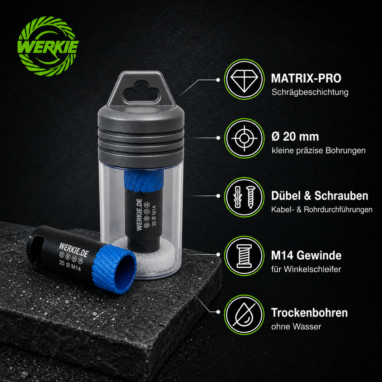 WERKIE MATRIX-PRO 20 mm Diamant-Trockenbohrkrone