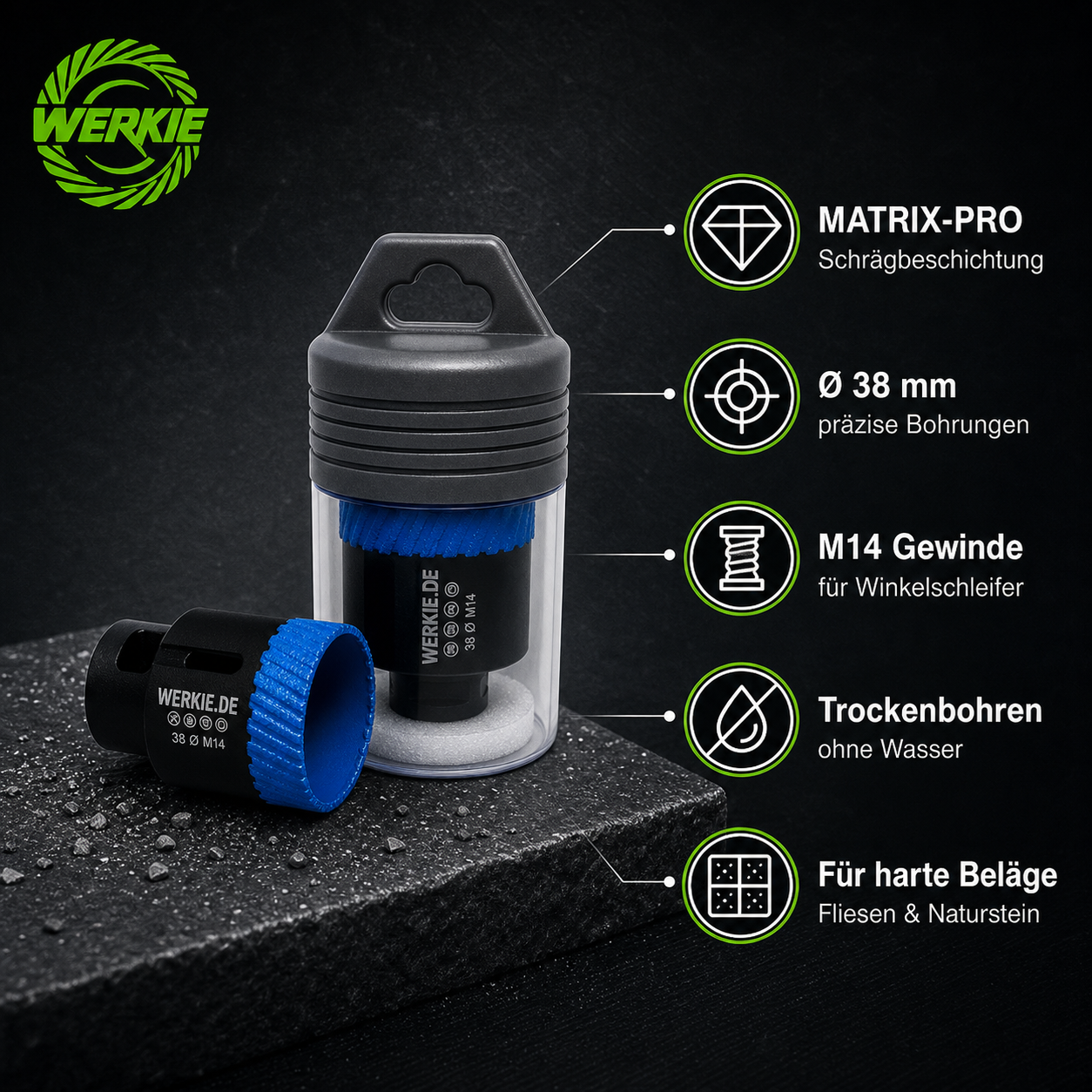 WERKIE MATRIX-PRO 38 mm Diamant-Trockenbohrkrone