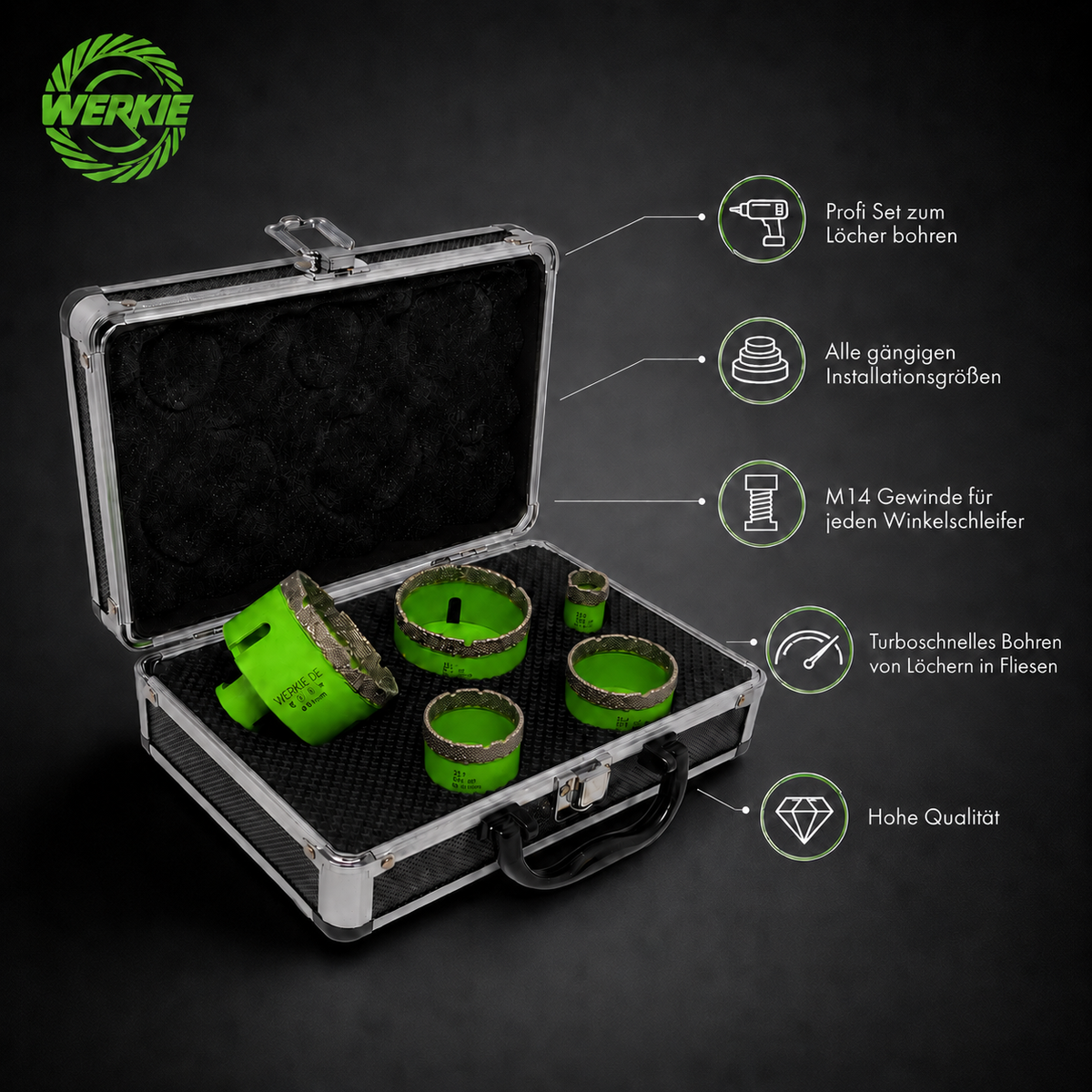 NanoCore Green Pro Diamant-Trockenbohrkronen-Set 5-teilig mit fünf Bohrkronen