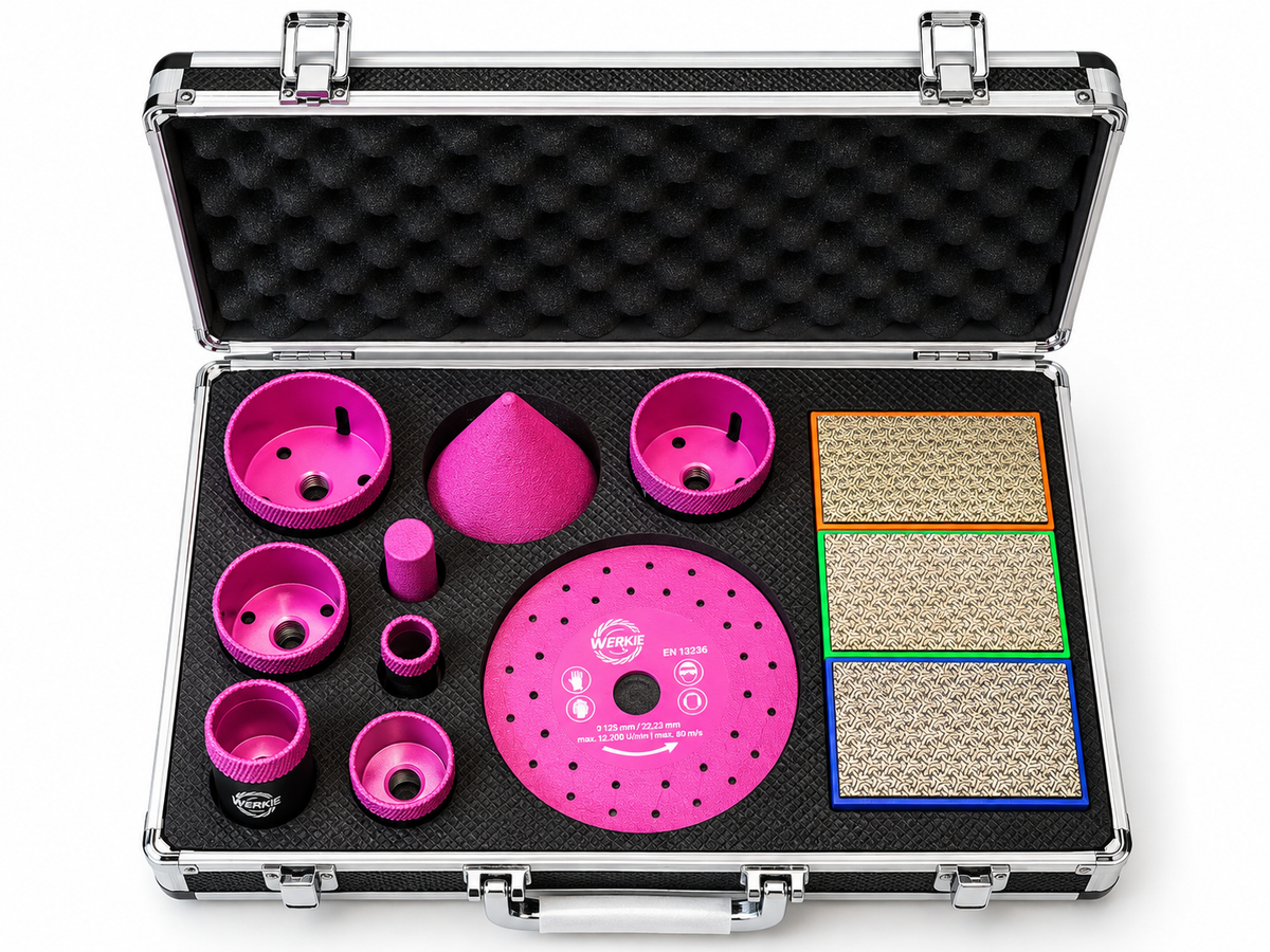 WERKIE Fliesenleger Koffer 13-teilig Pink-Edition – geöffneter Koffer mit Werkzeugen