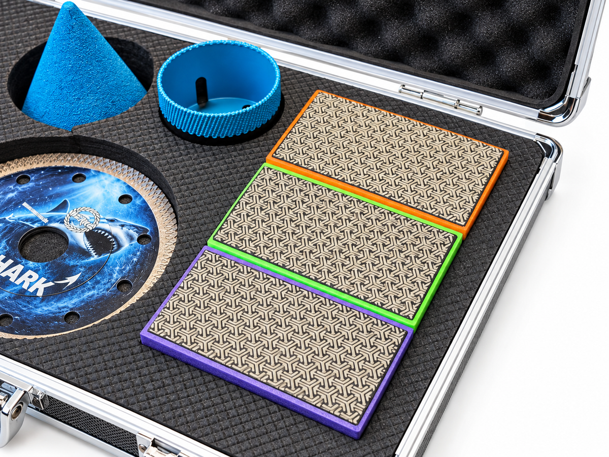 Detail der drei Diamant-Handschleifpads sowie blauer Werkzeuge und SHARK CUT Trennscheibe